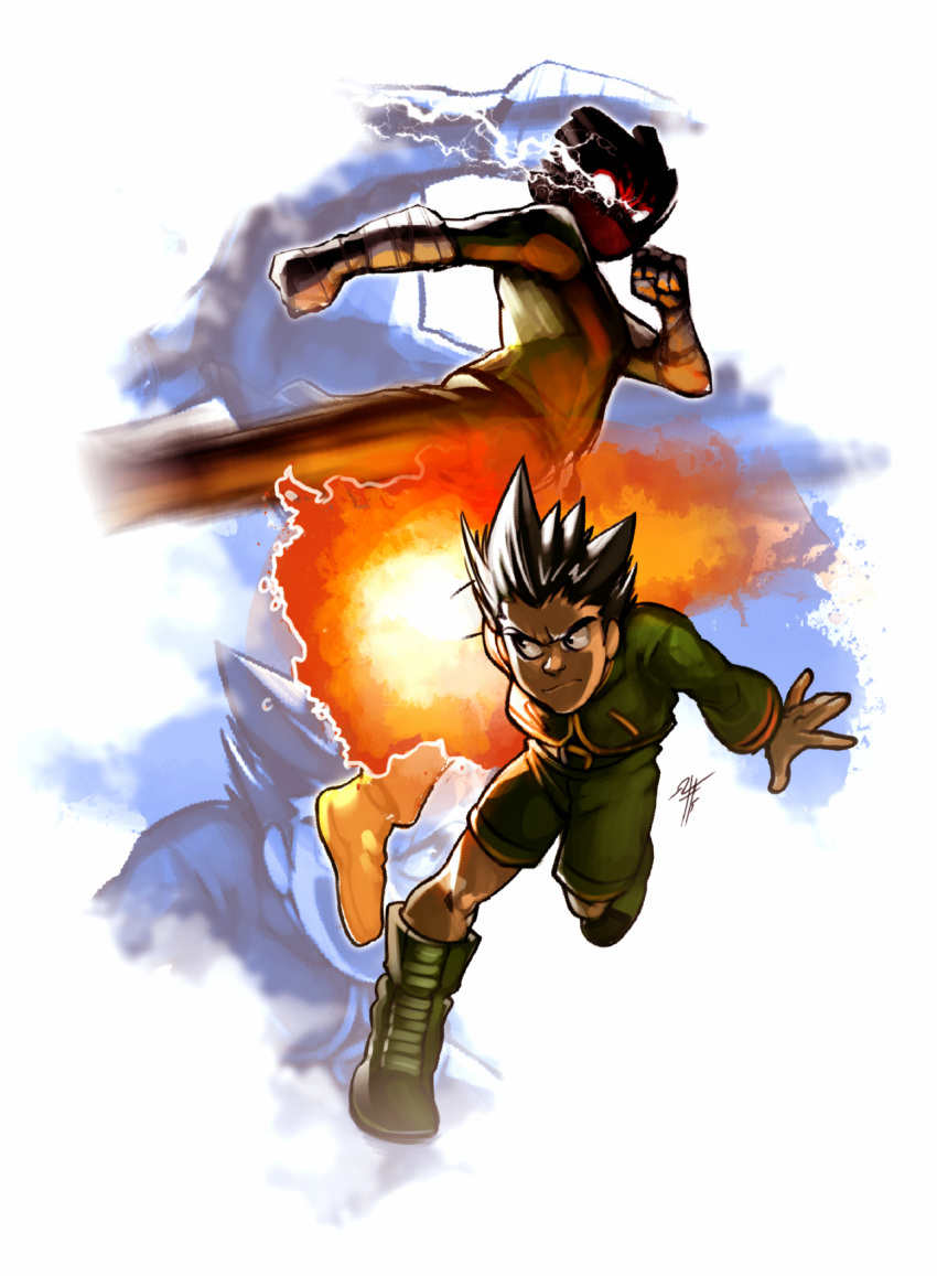 2boys amano-g battle black_hair crossover glowing glowing_eyes gon_freecss highres hunter_x_hunter jumpsuit male_focus motion_blur multiple_boys naruto rock_lee short_hair shorts spiky_hair zoom_layer
