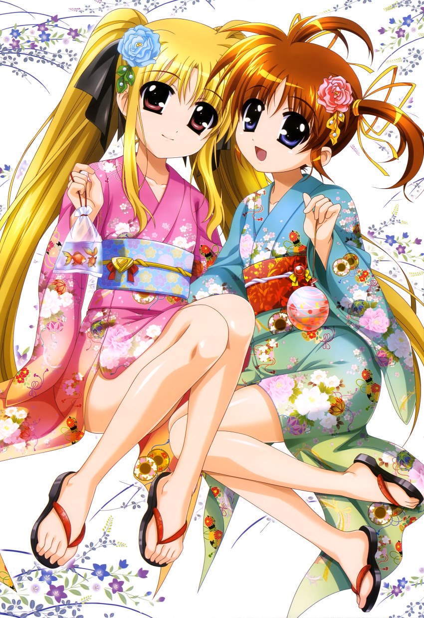 2girls absurdres blonde_hair blue_eyes brown_hair fate_testarossa feet flower hair_flower hair_ornament highres japanese_clothes legs long_hair lyrical_nanoha mahou_shoujo_lyrical_nanoha multiple_girls nyantype official_art red_eyes short_twintails smile takamachi_nanoha twintails very_long_hair