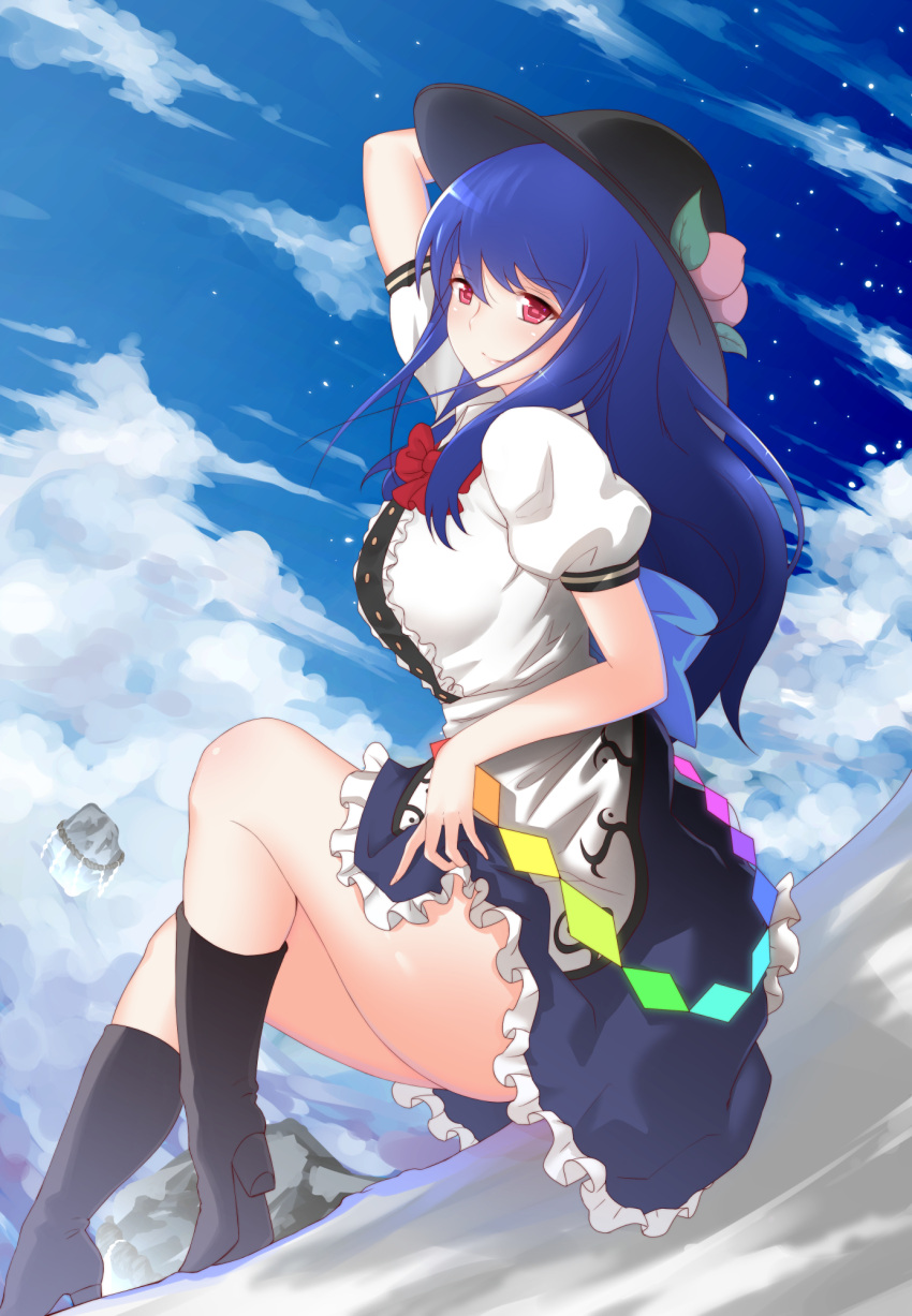 1girl arm_behind_head blue_hair blue_sky boots bow clouds floating_rock food fruit hat highres hinanawi_tenshi looking_at_viewer peach pink_eyes puffy_short_sleeves puffy_sleeves shirt short_sleeves sitting skirt sky smile solo touhou x&amp;x&amp;x