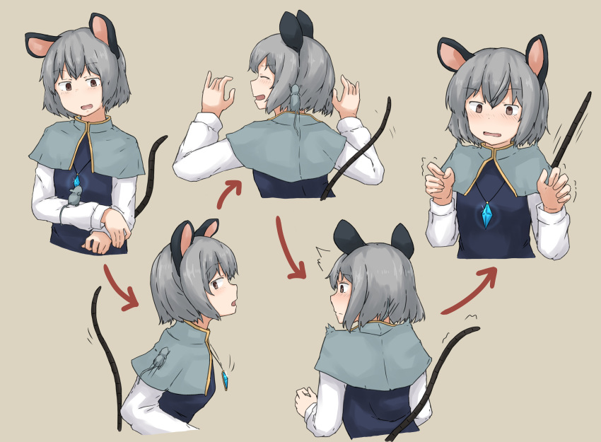 1girl absurdres animal animal_ears arrow_(symbol) brown_background brown_eyes capelet chagamaka closed_eyes grey_hair highres jewelry long_sleeves motion_lines mouse mouse_ears mouse_girl mouse_tail nazrin necklace pendant short_hair smile solo tail touhou