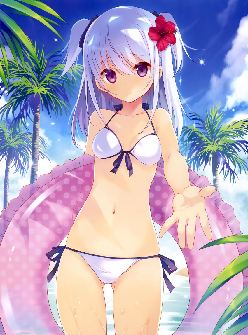 1girl absurdres bikini blue_sky dengeki_moeou flower front-tie_top hair_flower hair_ornament hibiscus highres innertube navel outdoors outstretched_hand palm_tree scan side-tie_bikini silver_hair sky small_breasts smile solo swimsuit takei_ooki tree two_side_up violet_eyes wet white_bikini white_swimsuit