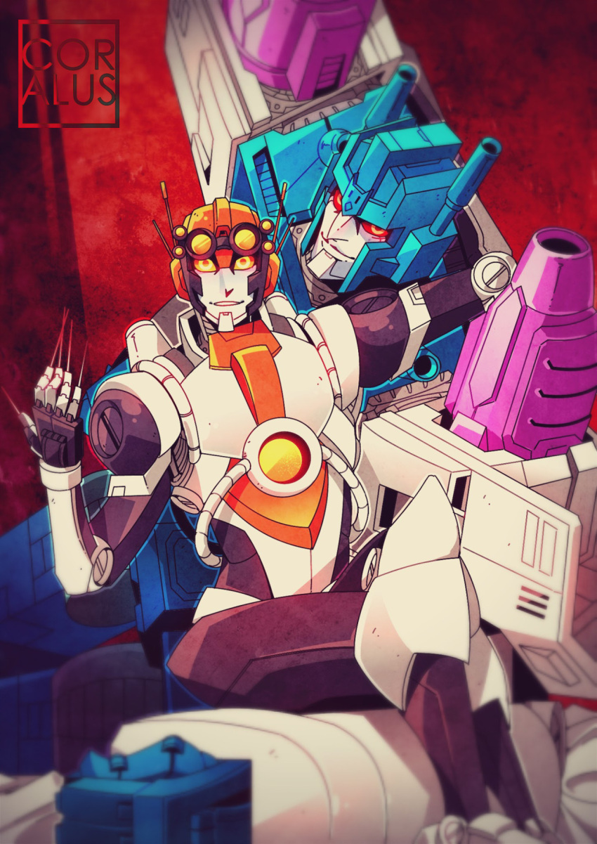 2boys coralus highres mecha multiple_boys needle no_humans overlord_(transformers) robot science_fiction transformers trepan
