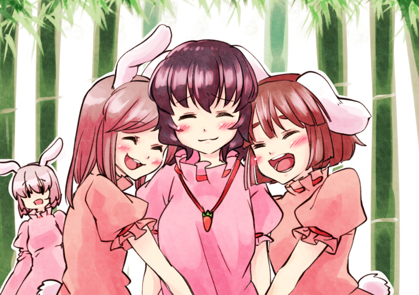 4girls animal_ears black_hair brown_hair bunny_girl closed_eyes dress extra hug inaba_tewi long_hair mana_(gooney) multiple_girls open_mouth rabbit_ears short_hair smile touhou