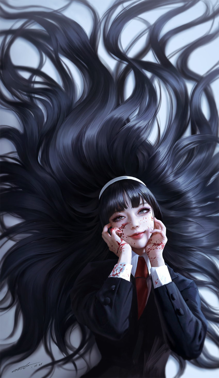 1girl absurdres bangs black_hair blazer blood blood_on_face blood_on_hands blunt_bangs brown_eyes buttons chinese_commentary collared_shirt commentary_request grey_eyes hair_spread_out hairband hands_on_own_cheeks hands_on_own_face heterochromia highres jacket kawakami_tomie lips long_hair lying mole mole_under_eye necktie on_back partial_commentary realistic shirt smile solo tomie very_long_hair wang_chen