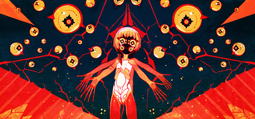 1girl abstract asgr blonde_hair creepy extra_arms extra_eyes eyelashes eyes hands_together highres long_fingers looking_at_viewer multiple_monochrome orange_(color) original outstretched_arms parted_lips polka_dot smile solo standing symmetry tail yellow