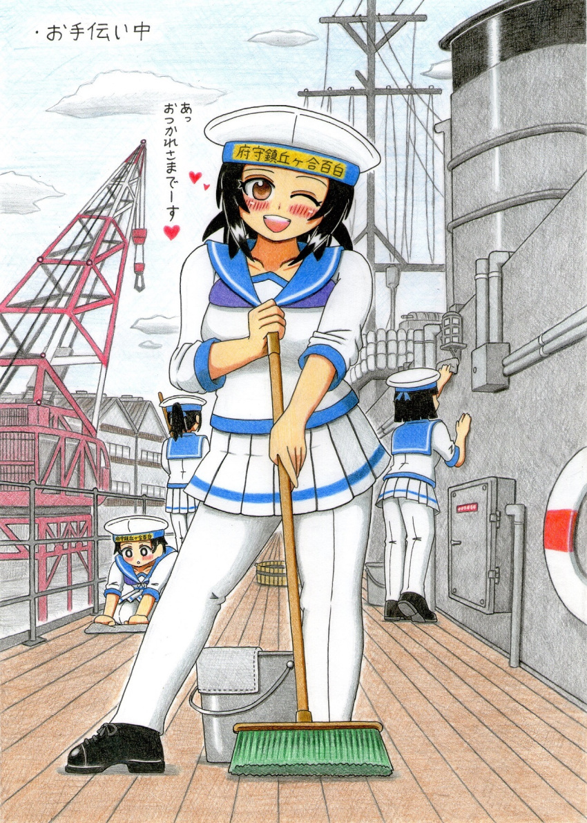 blush broom bucket cleaning crane deck female_admiral_(kantai_collection) fujigakubou hat highres kantai_collection multiple_girls sailor_dress short_hair smile