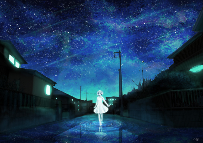 1girl arms_at_sides blue dress glowing highres night original outstretched_arm perspective reflection scenery signature sky solo star_(sky) starry_sky sundress wading walking water white_dress yinzhi