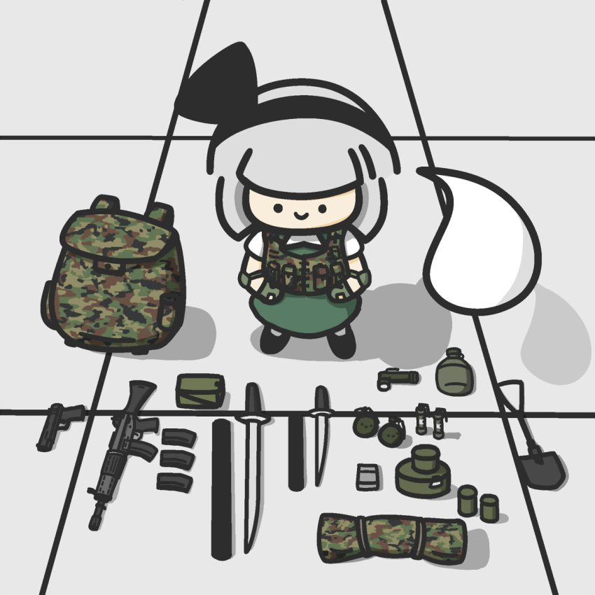 1girl ammunition assault_rifle backpack bag camouflage canteen chibi entrenchment_tool explosive flashbang grenade gun hair_ribbon hairband handgun highres howa_type_89 katana konpaku_youmu konpaku_youmu_(ghost) kyuusan-shiki_kisaku lighter m67_frag_grenade magazine_(weapon) operator pistol ribbon short_hair shovel sig_p220 silver_hair smile solo suppressor sword tent touhou vest weapon worktool