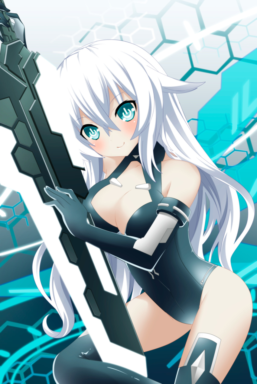 1girl absurdres black_heart blue_eyes breasts choujigen_game_neptune cleavage highres huge_filesize long_hair neptune_(series) noire planeptune smile solo sword symbol-shaped_pupils weapon white_hair wings