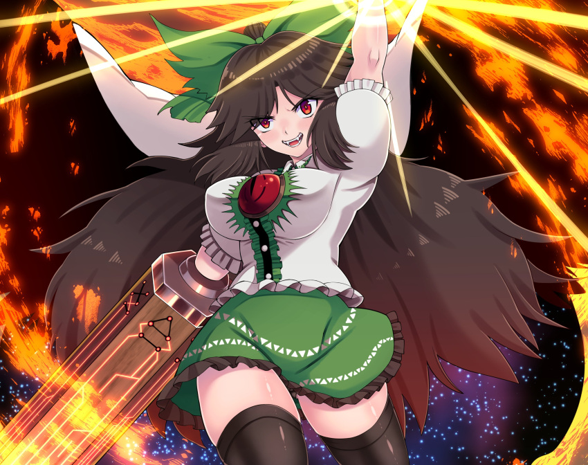 1girl absurdres arm_cannon arm_up ass_visible_through_thighs aura bangs bird_wings black_legwear black_panties blush bow breasts breasts_day brown_hair buttons cape center_frills collared_shirt control_rod doku_yanagi evil_grin evil_smile eyebrows_visible_through_hair eyelashes fangs feathered_wings frilled_shirt_collar frilled_skirt frilled_sleeves frills green_bow green_skirt grin hair_bow highres large_breasts long_hair looking_at_viewer lower_teeth open_mouth panties panty_peek parted_bangs puffy_short_sleeves puffy_sleeves red_eyes reiuji_utsuho serious shiny shiny_skin shirt short_sleeves sidelocks skirt smile solo standing teeth thigh-highs thighs third_eye touhou underwear upper_teeth weapon white_cape white_shirt wing_collar wings