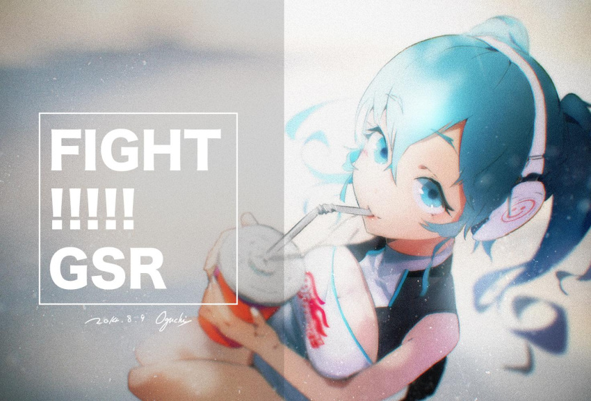 1girl 2014 bare_shoulders blue_eyes blue_hair breasts cleavage cleavage_cutout cup dated drinking drinking_straw from_above goodsmile_company goodsmile_racing hatsune_miku headphones holding long_hair racequeen signature sitting sleeveless smiley_face solo straw sugimoto_gang vocaloid