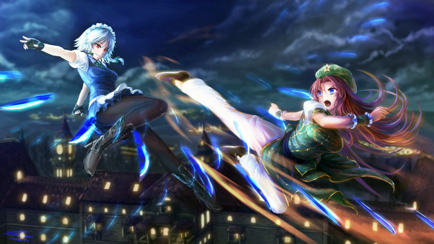 2girls apron beret blue_eyes boots braid brown_legwear chinese_clothes colored fingerless_gloves flats flying flying_kick freeze-ex gloves glowing glowing_weapon grin hat hong_meiling izayoi_sakuya kicking knife long_hair maid_headdress multiple_girls night night_sky outdoors pants pantyhose puffy_short_sleeves puffy_sleeves redhead scarlet_devil_mansion shoes short_hair short_sleeves silver_hair sky smile star touhou twin_braids waist_apron weapon wrist_cuffs