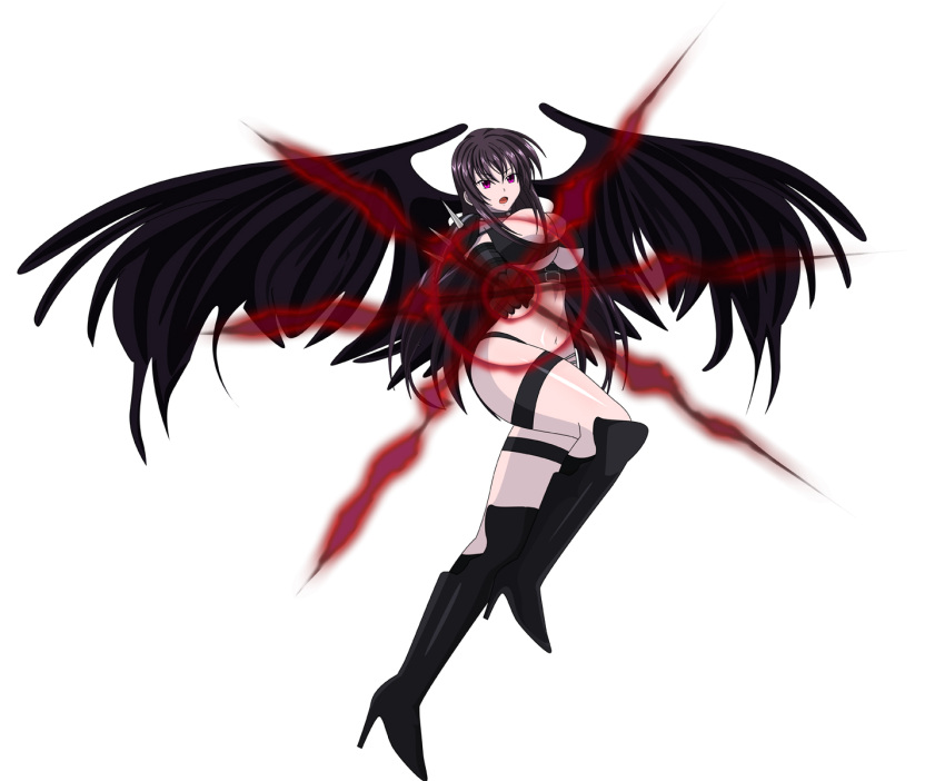 1girl amano_yuuma attack belt black_hair black_panties black_wings boots breasts choker full_body high_heels high_school_dxd highres large_breasts long_hair looking_at_viewer navel open_mouth panties raynare revealing_clothes shoulder_pads solo thigh-highs thigh_boots underwear very_long_hair violet_eyes white_background wings yxyyxy