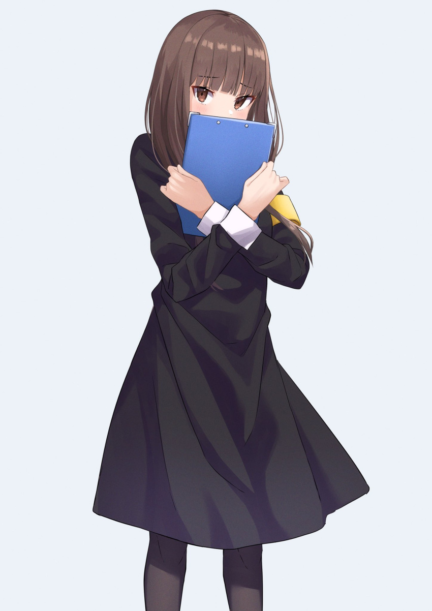 1girl bangs black_dress black_legwear blunt_bangs blush brown_eyes brown_hair commentary_request covered_mouth covering_mouth crossed_arms dress eyebrows_visible_through_hair feet_out_of_frame hands_up highres holding holding_notepad iino_miko kaguya-sama_wa_kokurasetai_~tensai-tachi_no_renai_zunousen~ kiona_(giraffe_kiona) long_hair long_sleeves looking_at_viewer notepad object_hug pantyhose school_uniform shuuchiin_academy_uniform simple_background solo standing twintails white_background