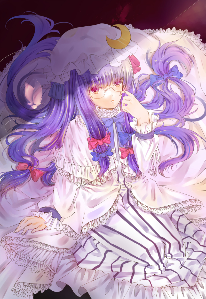 1girl bespectacled bow butterfly capelet crescent dress glasses hair_bow hair_ornament hat highres long_hair long_sleeves looking_at_viewer mob_cap open_mouth patchouli_knowledge pink_eyes purple_hair sitting solo striped striped_dress touhou very_long_hair vest vieny