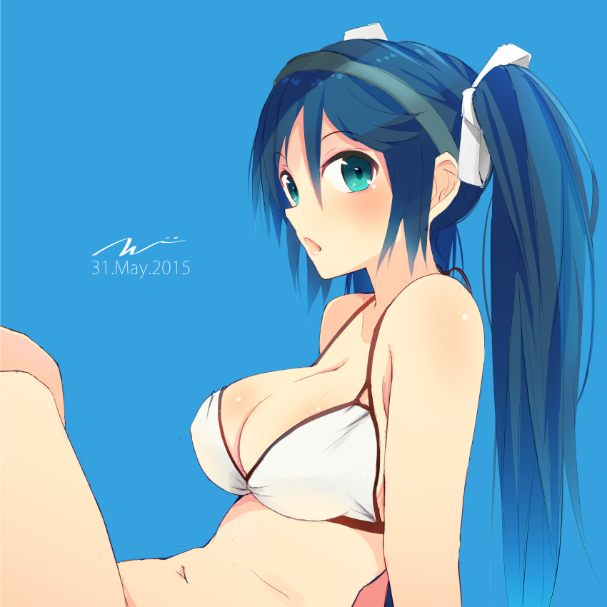 1girl bare_arms bare_legs blue_background blue_eyes blue_hair breasts dated from_side hair_between_eyes hair_ribbon hairband highres isuzu_(kantai_collection) kantai_collection long_hair looking_at_viewer midriff navel open_mouth ribbon simple_background sitting solo swimsuit tbd11 twintails white_swimsuit