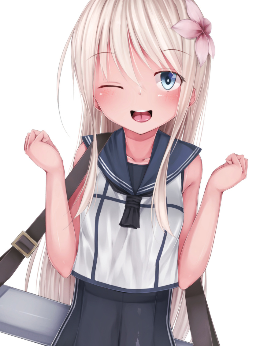 1girl bare_arms blonde_hair blush collarbone flower grey_eyes hair_flower hair_ornament highres kantai_collection long_hair looking_at_viewer neckerchief no_pants one_eye_closed open_mouth ro-500_(kantai_collection) school_swimsuit school_uniform serafuku shirt sleeveless sleeveless_shirt smile solo swimsuit swimsuit_under_clothes torpedo very_long_hair waterdog