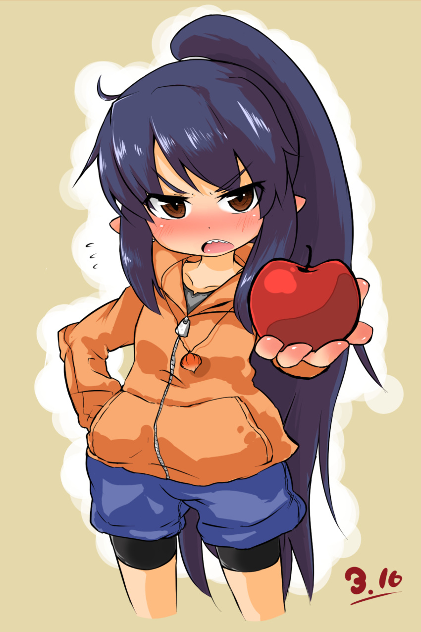 apple bike_shorts black_hair blush borrowed_character brown_eyes fangs food foreshortening fruit hand_in_pocket highres jacket jewelry legwear_under_shorts long_hair offering open_mouth original pendant pointy_ears ponytail short_shorts shorts very_long_hair