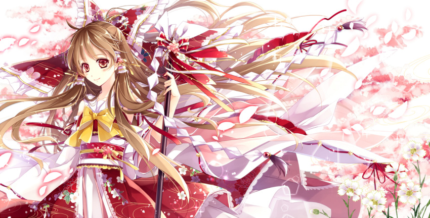 1girl bow brown_hair embellished_costume floral_print flower gohei hair_bow hair_tubes hakurei_reimu japanese_clothes kimono long_hair long_sleeves marimo_moka obi petals red_eyes ribbon-trimmed_sleeves ribbon_trim sash smile solo touhou very_long_hair wide_sleeves wind