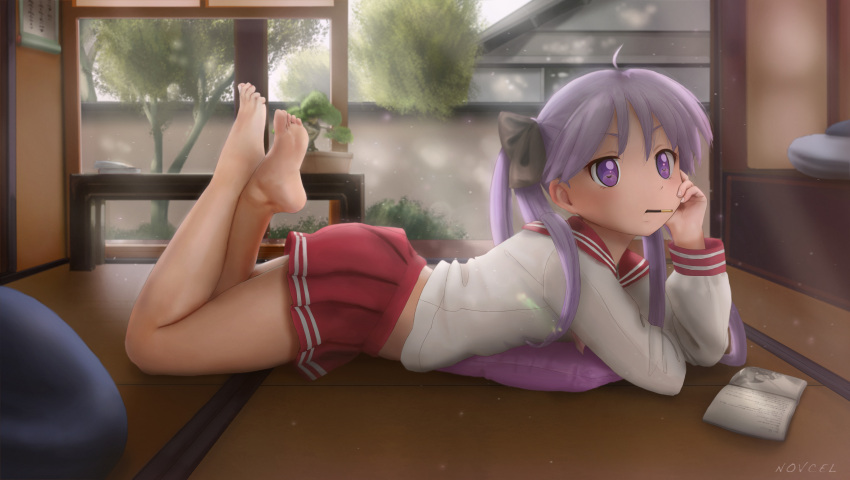 1girl absurdres ahoge artist_name barefoot bow hair_bow hand_on_own_face highres hiiragi_kagami house indoors lucky_star lying manga_(object) mouth_hold novcel on_floor on_stomach plant pocky purple_hair school_uniform serafuku skirt solo toes tree twintails violet_eyes