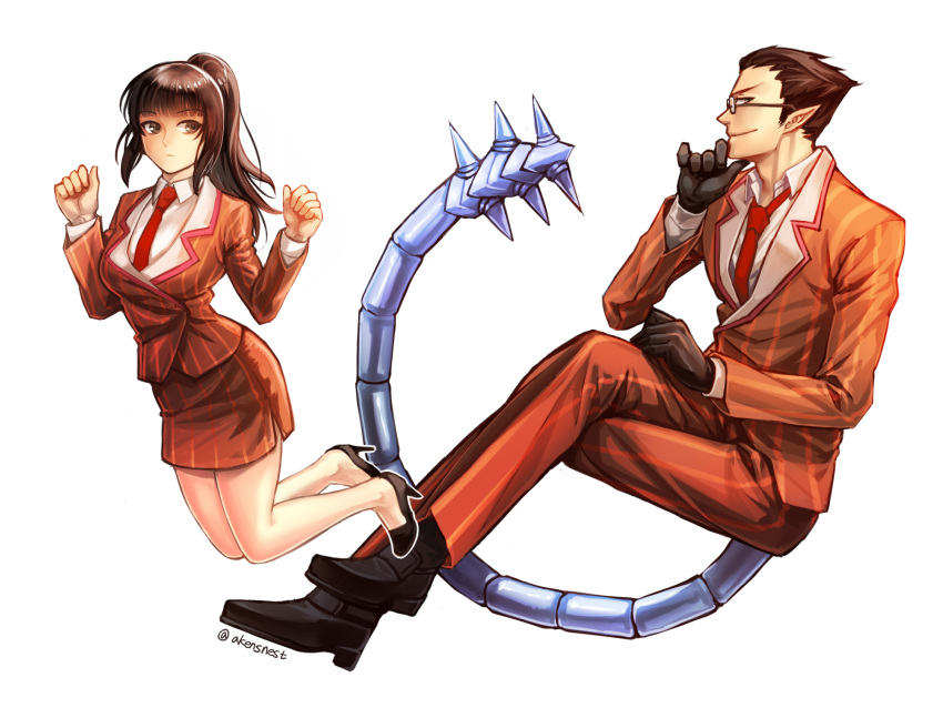 1boy 1girl aken alternate_costume black_eyes black_hair chin_grab cosplay crossed_legs demiurge formal glasses gloves high_heels highres jumping long_hair looking_at_another looking_at_viewer narberal_gamma necktie overlord_(maruyama) pointy_ears profile red_eyes sitting skirt_suit suit tail vertical_stripes white_background