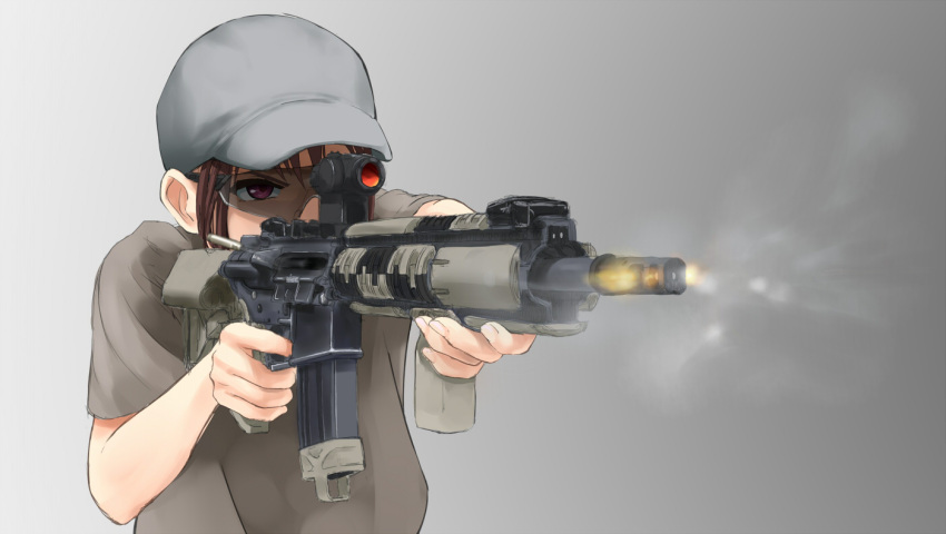 1girl aiming assault_rifle brown_hair firing foregrip genso goggles gun hat m4_carbine mark_18_cqbr operator original rifle scope solo weapon