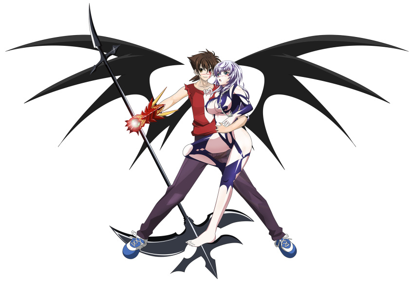 1boy 1girl aleksander_nikolaevich_her black_wings blush crossover demon_wings facial_tattoo female gauntlets genderswap high_school_dxd highres hug hyoudou_issei male revealing_clothes scythe seikon_no_qwaser smile tattoo waist_hug white_background wings yxyyxy