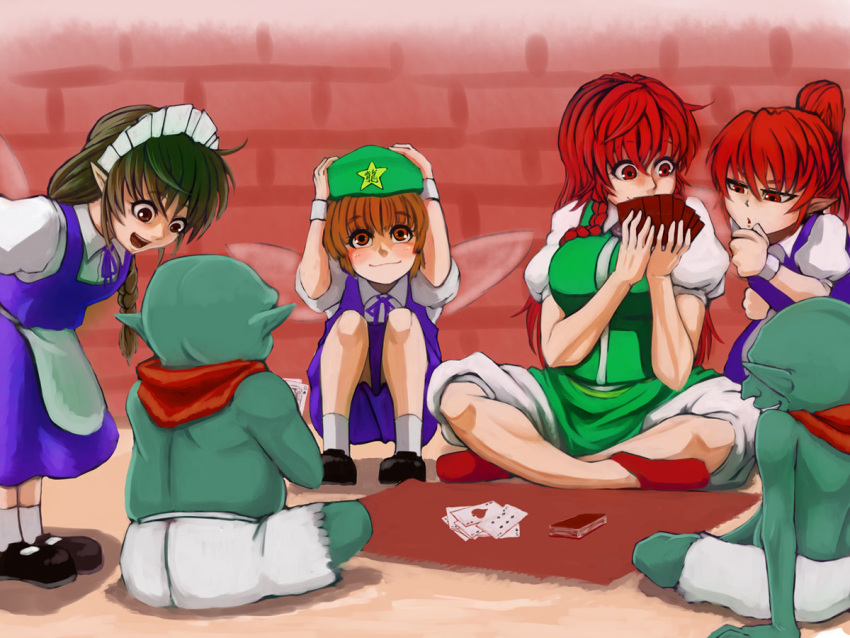 2boys 4girls apron black_hair braid brick_wall brown_eyes brown_hair card dress extra fairy_maid fairy_wings goblin green_skin hong_meiling littlefinger1988 maid_headdress mary_janes multiple_boys multiple_girls neckerchief playing_card pointy_ears ponytail red_eyes redhead shoes shorts sitting smile squatting touhou twin_braids waist_apron wings wrist_cuffs