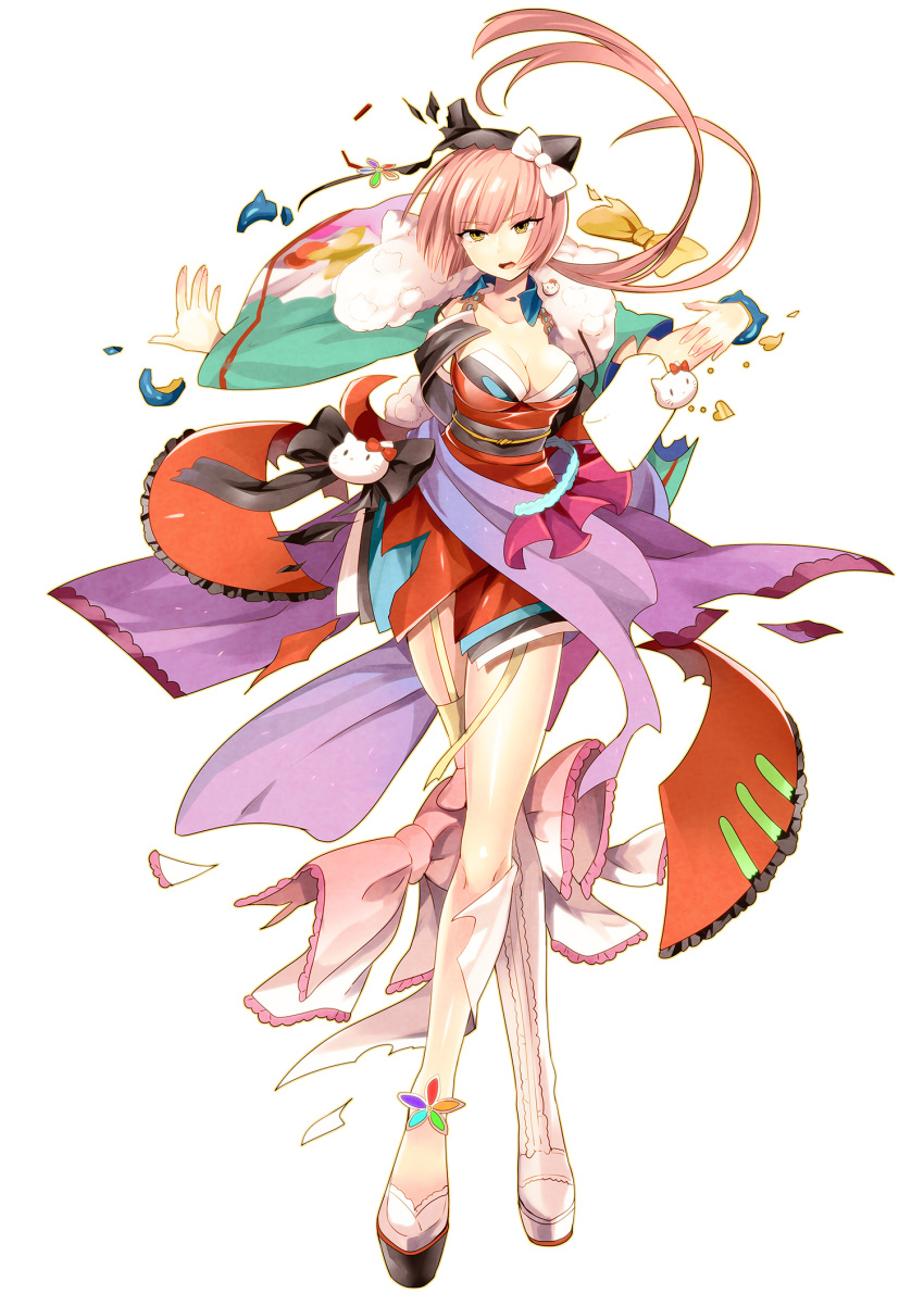1girl boots breasts cleavage detached_sleeves highres japanese_clothes kimono legs nekomura_iroha pink_hair single_thighhigh tagme thigh-highs thigh_boots torn_clothes toudou_charo vocaloid yellow_eyes