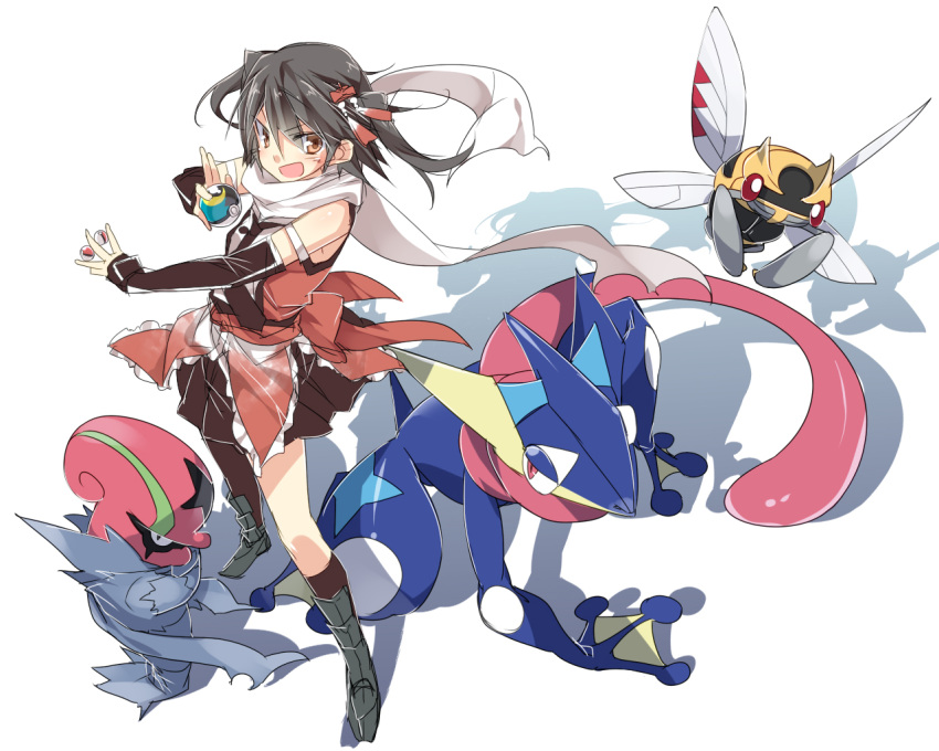 1girl accelgor armband black_hair black_legwear bow greninja hair_bow holding holding_poke_ball kantai_collection kneehighs mtu_(orewamuzituda) open_mouth poke_ball pokemon pokemon_(creature) scarf sendai_(kantai_collection) shadow shedinja