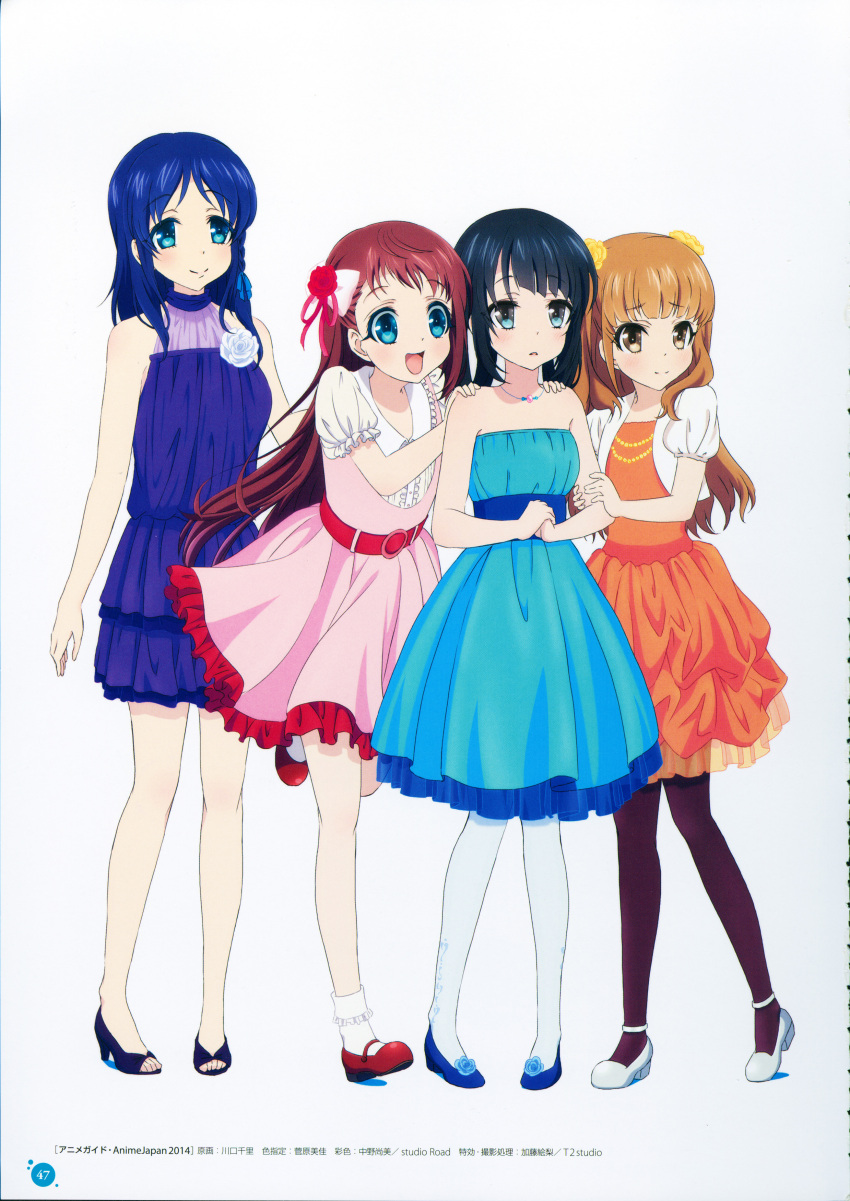 4girls :d absurdres arm_holding belt black_hair blue_eyes blue_hair blush brown_eyes brown_hair dress flower folded_hair formal hair_flower hair_ornament hair_rings hands_on_another's_shoulders highres hiradaira_chisaki hisanuma_sayu jewelry kawaguchi_chisato long_hair mary_janes mukaido_manaka multiple_girls nagi_no_asukara necklace official_art open_mouth pantyhose sandals scan shiodome_miuna shoes smile twintails