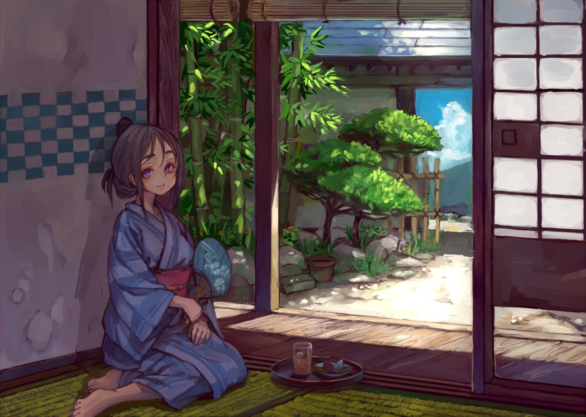 1girl bamboo black_hair drinking_glass fan food ice_cube japanese_clothes kimono looking_at_viewer mole mole_under_mouth original sitting solo suzuno_(bookshelf) tatami tray violet_eyes wagashi yokozuwari youkan_(food)