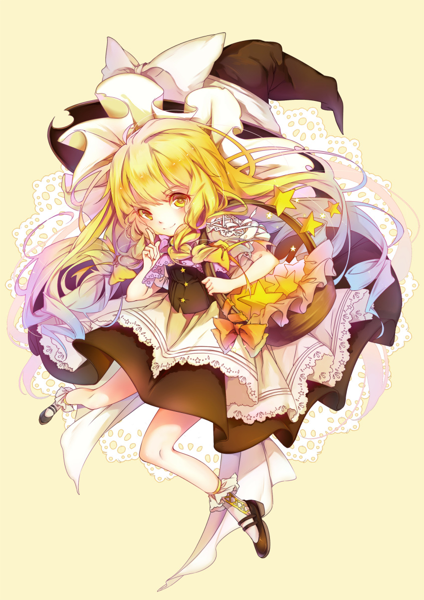 1girl alternate_hairstyle apron basket blonde_hair blush bow braid full_body hair_bow hair_ornament hat hat_ribbon highres kirisame_marisa long_hair looking_at_viewer mary_janes puffy_sleeves ribbon shirt shoes short_sleeves skirt skirt_set smile socks solo star star-shaped_pupils symbol-shaped_pupils touhou twin_braids vieny waist_apron white_legwear witch_hat yellow_background yellow_eyes