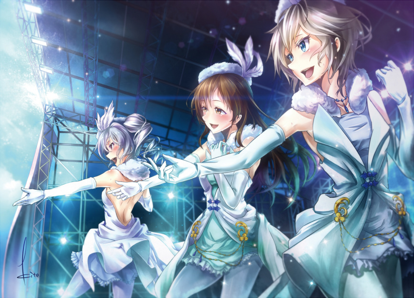 3girls anastasia_(idolmaster) bare_shoulders blue_eyes breasts brown_hair concert dress drill_hair elbow_gloves gloves hat idolmaster idolmaster_cinderella_girls jewelry kanzaki_ranko kito_(kito2) long_hair multiple_girls necklace nitta_minami open_mouth outstretched_arms pantyhose pure_white_memories red_eyes short_hair silver_hair smile twin_drills twintails