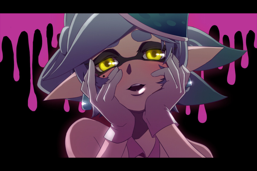 1girl gloves grey_hair hands_on_own_cheeks hands_on_own_face ho4 hotaru_(splatoon) letterboxed looking_at_viewer mask pointy_ears short_hair solo splatoon white_gloves yandere_trance yellow_eyes