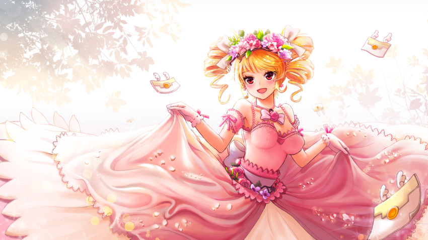 1girl :d alternate_costume blonde_hair blush breasts cheesecake_cookie cookie_run dress drill_hair earrings gloves highres jewelry necklace open_mouth pearl_necklace pink_dress red_eyes revision smile solo ssumbi twin_drills white_gloves