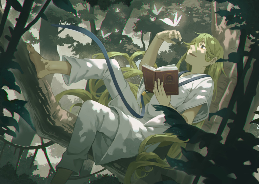 1boy barefoot book enkidu_(fate/strange_fake) fate/strange_fake fate_(series) green_eyes green_hair long_hair sawana solo tree