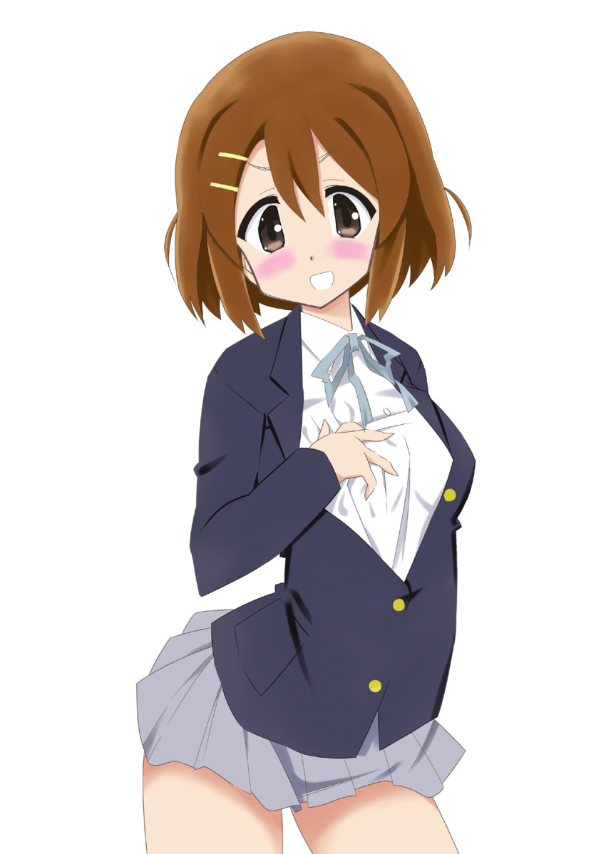 1girl brown_eyes brown_hair doyagao highres hirasawa_yui k-on! mochimiya_hocchi no_legwear pose school_uniform short_hair standing