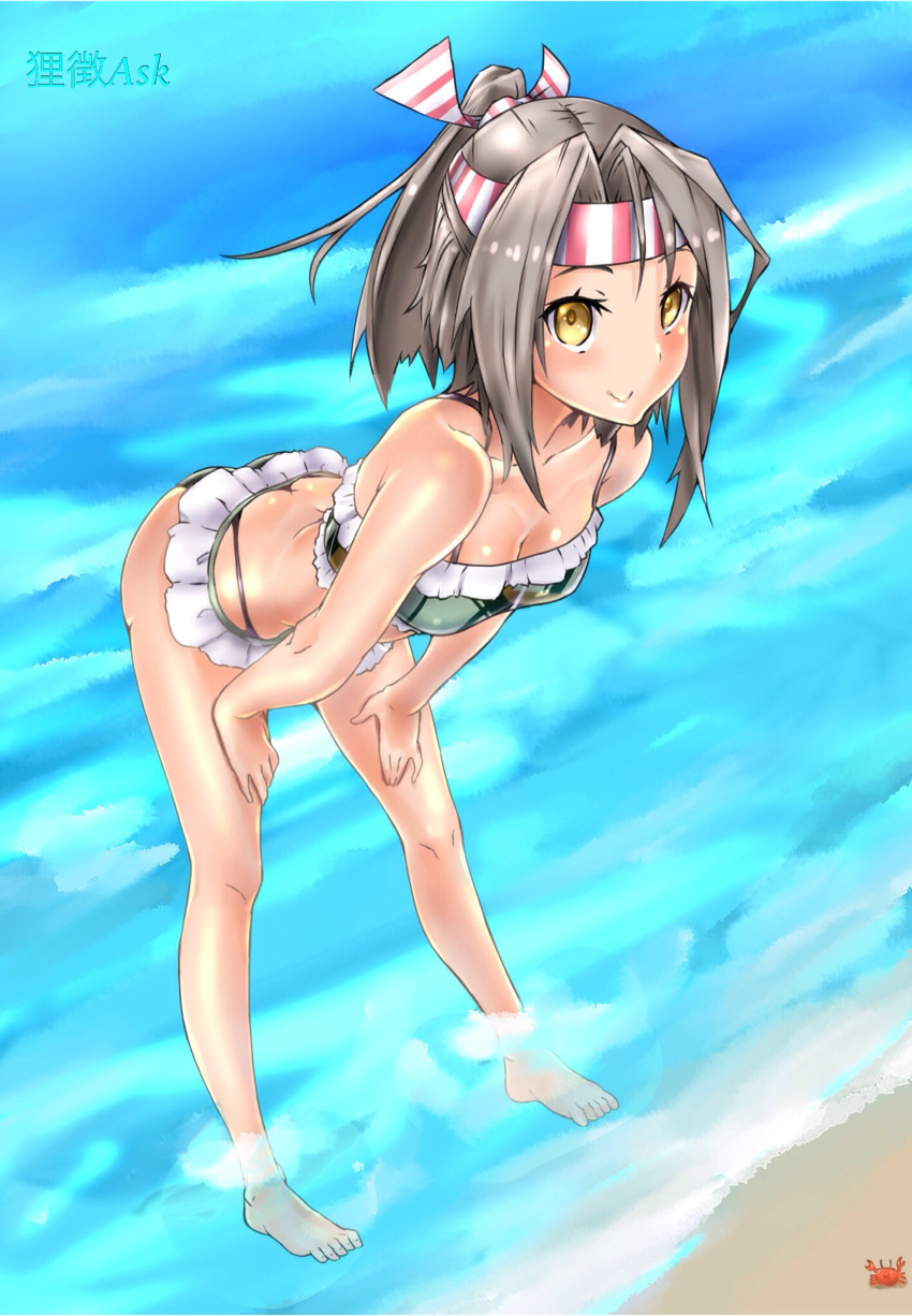 1girl :&gt; alternate_costume beach bikini blonde_hair crab frilled_bikini frills hachimaki hands_on_knees headband high_ponytail highres kantai_collection leaning_forward light_brown_hair long_hair looking_at_viewer midriff ocean ponytail ribbon small_breasts smile standing swimsuit tanukicho_ask zuihou_(kantai_collection)