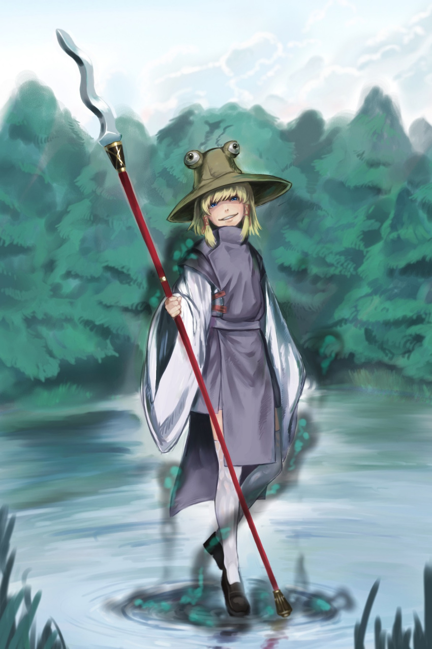 1girl adapted_costume aura baten_(gei-vorugu) blonde_hair blue_eyes blue_sky blurry clouds depth_of_field forest goddess grass grin hair_ribbon hat highres japanese_clothes lake long_sleeves looking_at_viewer looking_to_the_side moriya_suwako nature pine_tree polearm ribbon ripples shaded_face shoes short_hair sky smile solo spear standing standing_on_water teeth thigh-highs touhou tree weapon white_legwear wide_sleeves