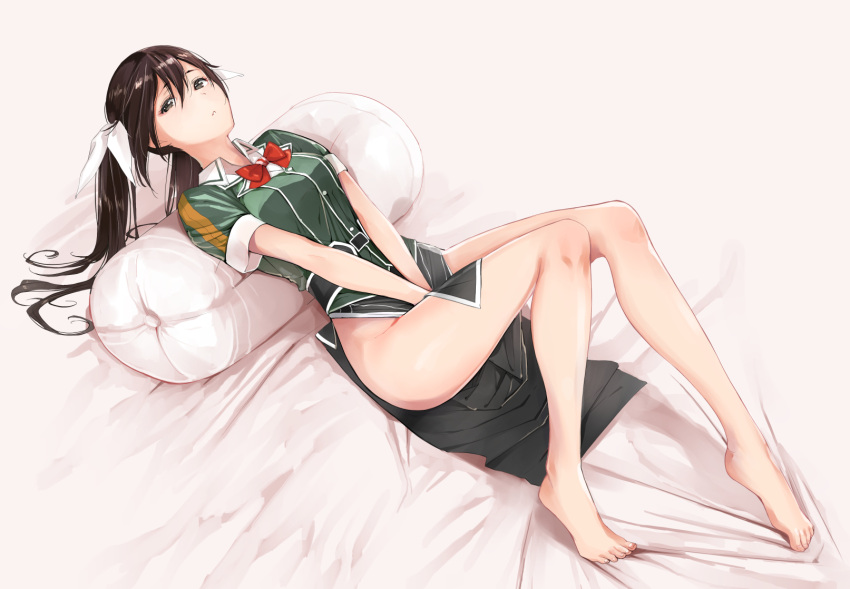 1girl bangs bare_legs barefoot bed_sheet belt between_legs black_eyes black_hair body_pillow bow bowtie buttons covering_crotch dutch_angle feet from_above hair_ribbon hand_between_legs highres indoors kantai_collection legs long_hair long_skirt looking_at_viewer lying md5_mismatch no_panties on_back parted_lips pelvic_curtain pencil_skirt pillow remodel_(kantai_collection) ribbon shirt short_sleeves side_slit skirt solo toe_scrunch tone_(kantai_collection) tsukino_wagamo twintails v_arms wing_collar