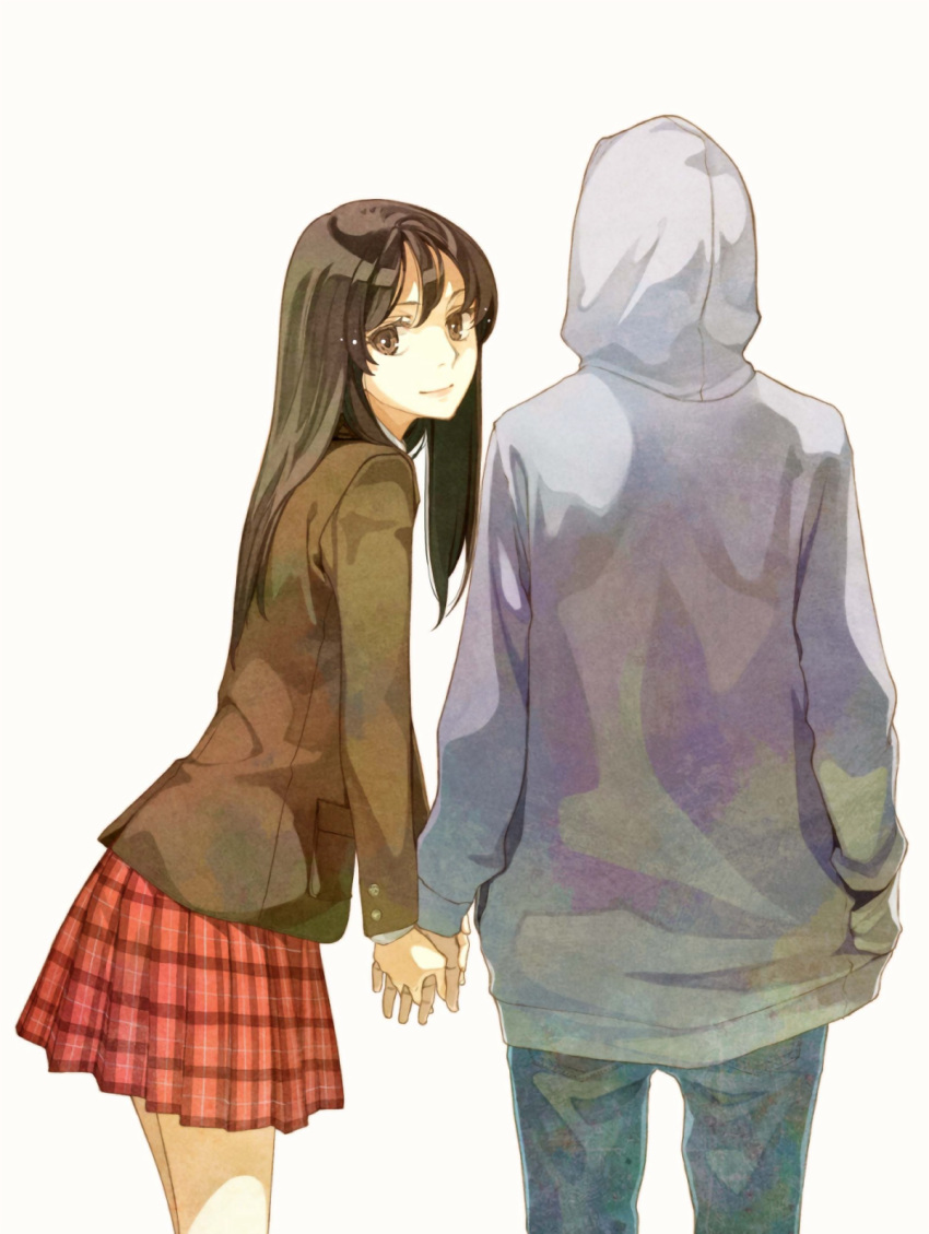 1boy 1girl blazer brown_eyes brown_hair couple from_behind hand_in_pocket hetero hidari_(left_side) highres holding_hands hoodie long_hair looking_at_viewer looking_back mii-kun misono_mayu plaid plaid_skirt pleated_skirt school_uniform simple_background skirt smile usotsuki_mii-kun_to_kowareta_maa-chan white_background