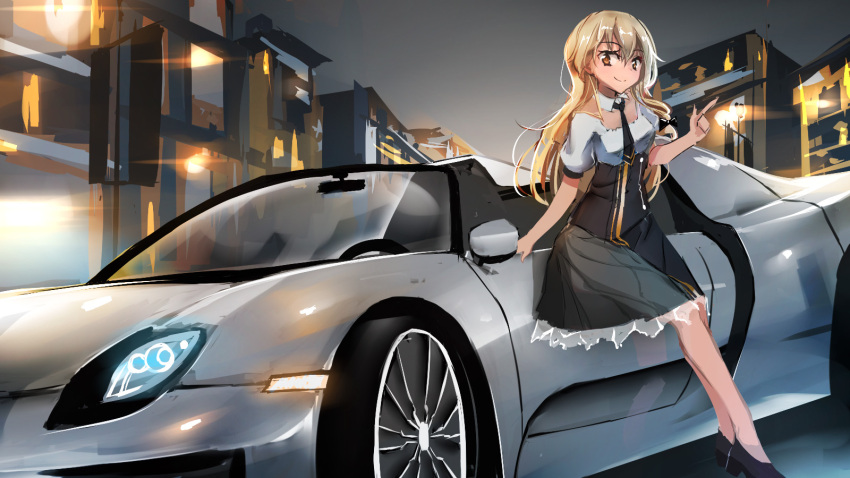 1girl adapted_costume alternate_costume backlighting black_shoes black_skirt blonde_hair bow braid breasts building car city commentary finger_gun grey_background hair_bow highres kietai_na kirisame_marisa lamppost legs long_hair looking_down looking_to_the_side motor_vehicle necktie night no_hat no_legwear pointing porsche puffy_short_sleeves puffy_sleeves revision see-through_silhouette shiny shiny_hair shirt shoes short_sleeves single_braid skirt smile solo thighs touhou vehicle vest white_shirt