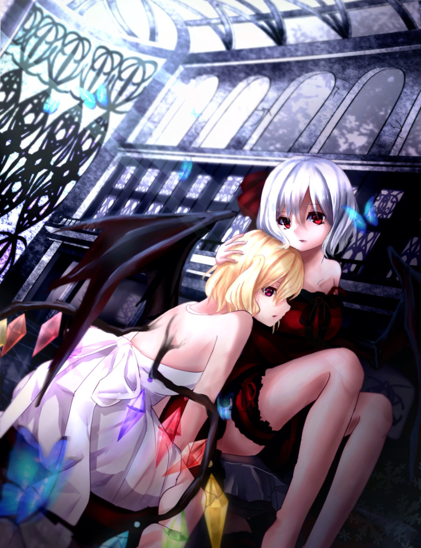 2girls alternate_costume bare_legs bat_wings blonde_hair butterfly chikawa_shibainu church collarbone dress flandre_scarlet garters hair_ribbon hand_on_another's_head head_on_chest head_on_head highres leaning_on_person light_rays looking_at_viewer multiple_girls open-back_dress parted_lips red_dress red_eyes remilia_scarlet revision ribbon short_hair siblings side_ponytail silver_hair sisters sitting strapless_dress sunbeam sunlight touhou white_dress wings