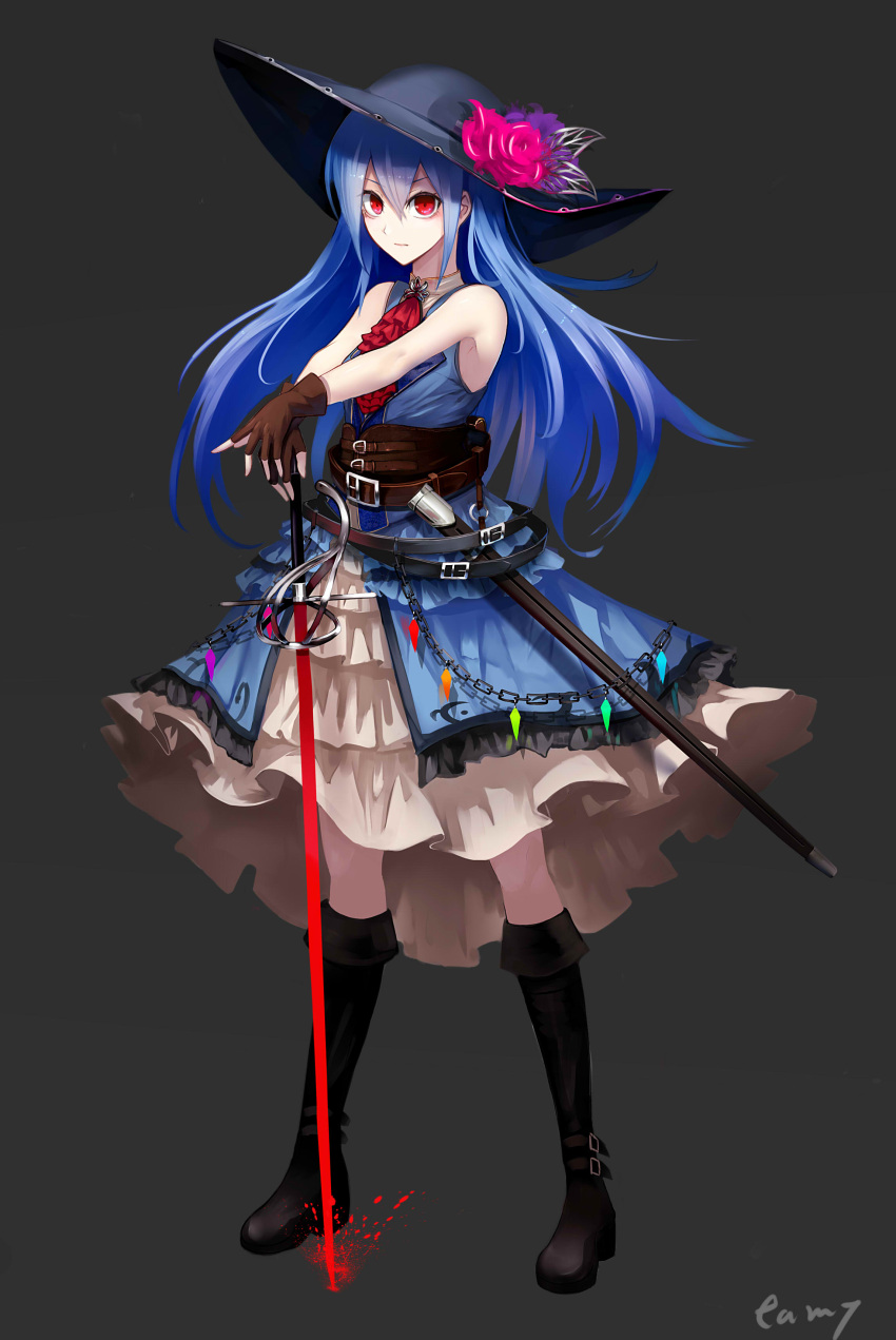 1girl absurdres ascot bare_shoulders belt black_background black_footwear black_hat blue_dress blue_hair boots brown_gloves chain dress energy fami_(yellow_skies) fingerless_gloves flaming_sword flower food fruit gloves hair_between_eyes highres hinanawi_tenshi holding_weapon knee_boots large_hat layered_skirt long_hair looking_at_viewer red_eyes red_rose rose rose_on_hat serious simple_background sleeveless sleeveless_dress solo standing sword sword_of_hisou touhou weapon
