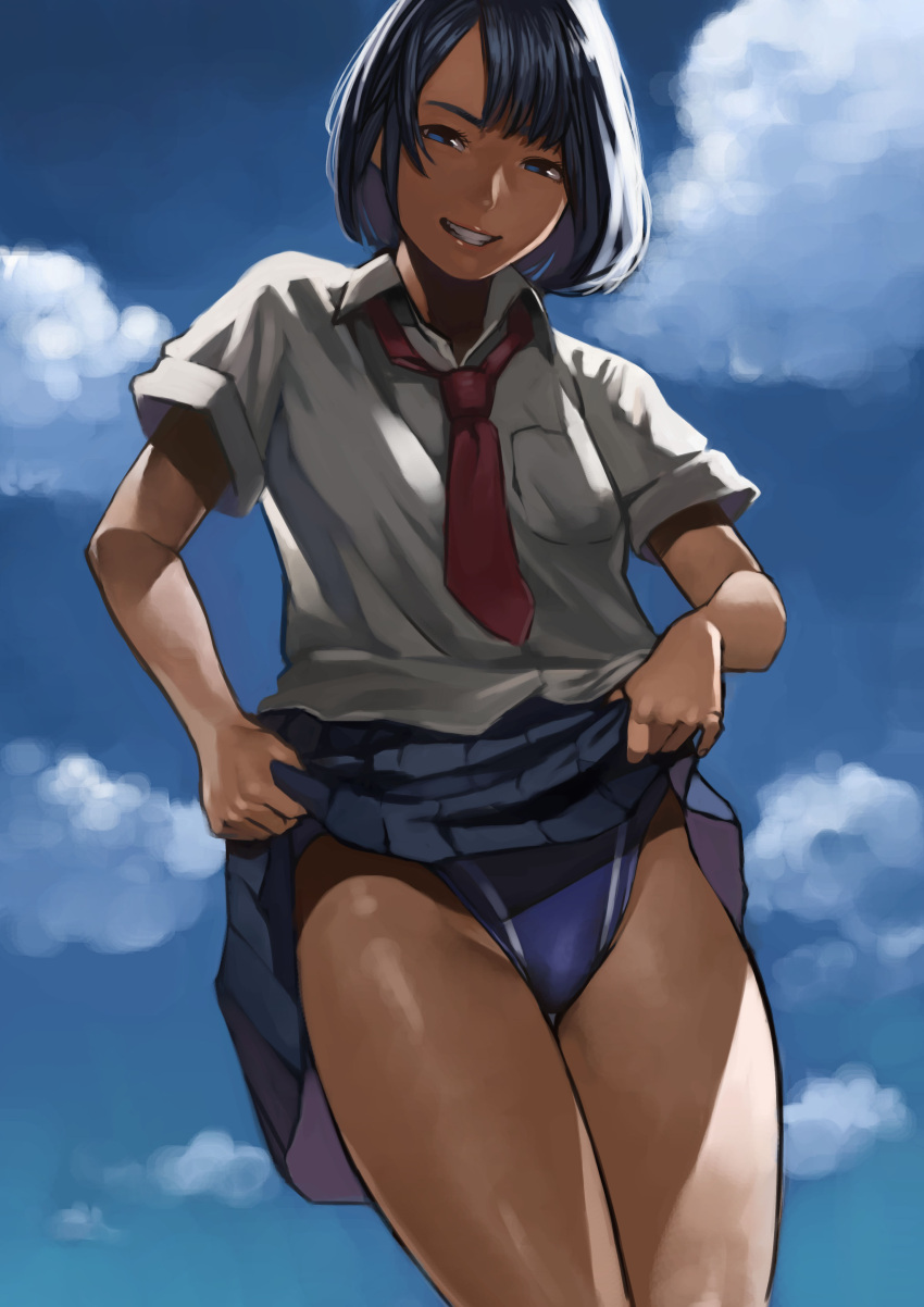 1girl absurdres black_hair blue_eyes breast_pocket clouds competition_swimsuit cowboy_shot grin highres looking_at_viewer necktie one-piece_swimsuit original pleated_skirt red_necktie revision school_uniform short_hair short_sleeves skirt skirt_lift sky smile solo swimsuit swimsuit_under_clothes tani_(sgt_epper) teeth