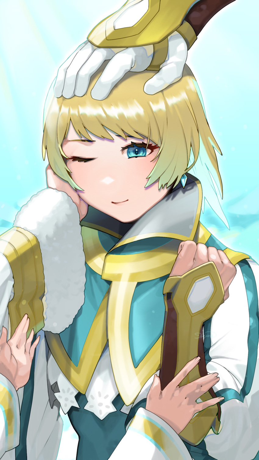 1boy 3girls absurdres blonde_hair blue_eyes brother_and_sister caress earrings family fire_emblem fire_emblem_heroes fjorm_(fire_emblem) fur-trimmed_sleeves fur_trim gloves gold_trim gunnthra_(fire_emblem) hand_on_another's_cheek hand_on_another's_face headpat highres hrid_(fire_emblem) hug ikura_(downdexp) jewelry multiple_girls one_eye_closed puffy_sleeves reaching_out short_hair siblings sisters white_gloves wrist_guards ylgr_(fire_emblem)