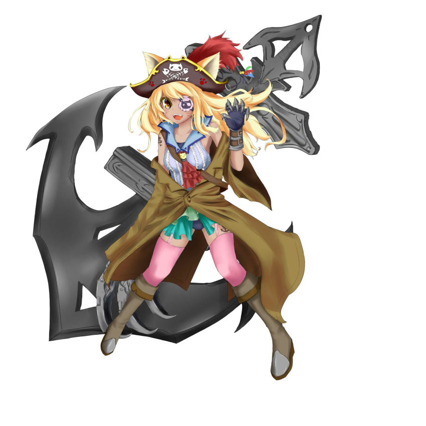 1girl :d anchor animal_ears biburu blonde_hair boots cat_ears cravat eyepatch fangs full_body garter_straps gloves hat hat_feather highres jacket jacket_off_shoulders knee_boots legs_apart long_hair looking_at_viewer one_eye_covered open_clothes open_jacket open_mouth original pink_legwear pirate pirate_hat raised_hand shirt simple_background skirt sleeveless sleeveless_shirt smile solo standing swimsuit swimsuit_under_clothes tattoo thigh-highs white_background yellow_eyes