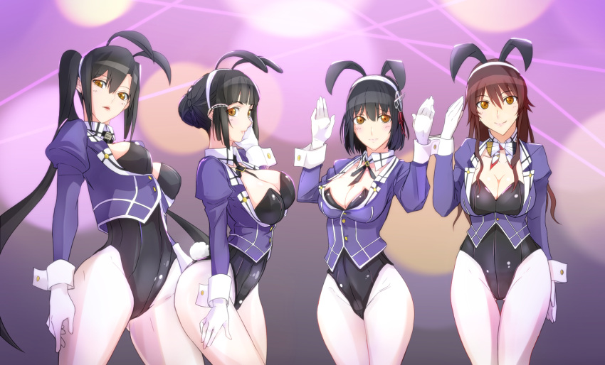 4girls adapted_costume animal_ears arms_at_sides ashigara_(kantai_collection) asymmetrical_hair bangs black_hair blunt_bangs breasts brown_hair bunny_girl bunny_tail bunnysuit cleavage eyes_visible_through_hair folded_hair from_side haguro_(kantai_collection) hair_between_eyes hairband highres kantai_collection large_breasts light_smile lipstick long_hair looking_at_viewer makeup multiple_girls myoukou_(kantai_collection) nachi_(kantai_collection) pantyhose parted_lips rabbit_ears salute short_hair siblings side_ponytail sisters tail very_long_hair webslinger white_legwear yellow_eyes