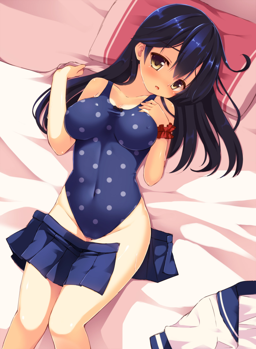 1girl ahoge black_hair blush breasts brown_eyes covered_navel hand_on_own_chest highleg highleg_swimsuit highres impossible_clothes impossible_swimsuit kantai_collection long_hair looking_at_viewer lying on_back on_bed one-piece_swimsuit open_clothes open_skirt pillow polka_dot polka_dot_swimsuit skirt skirt_removed solo swimsuit ushio_(kantai_collection) wrist_scrunchie yuzu_modoki